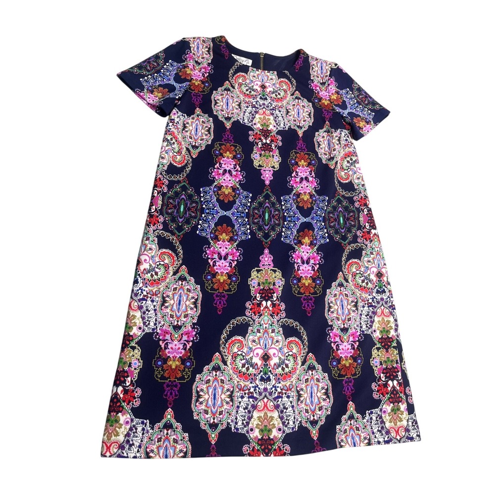 Maggy London Size 6 Navy Paisley Shift Dress Short Sleeve Multicolor Mod